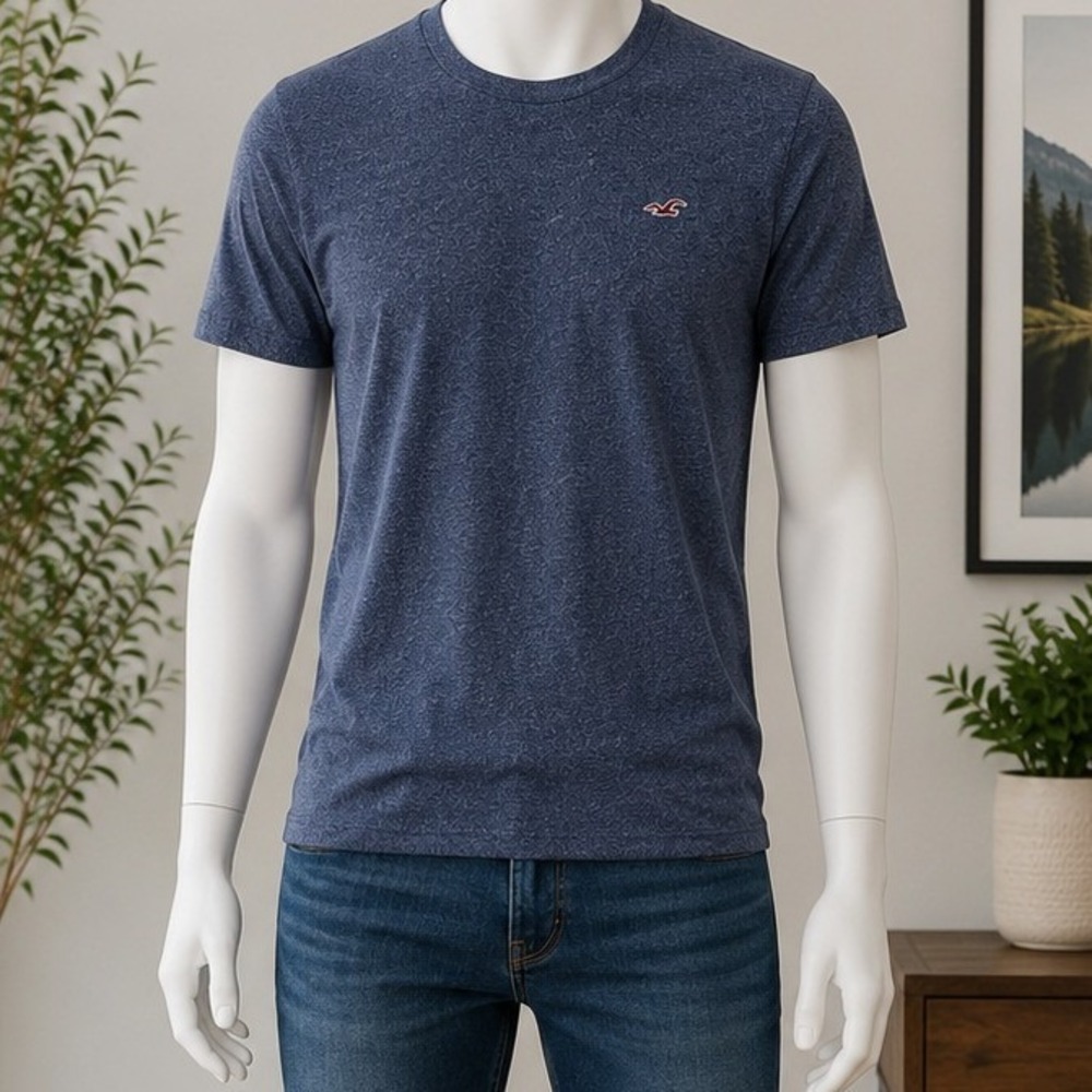 Hollister Mens T-Shirt Blue Heathered Embroidered Logo Medium
